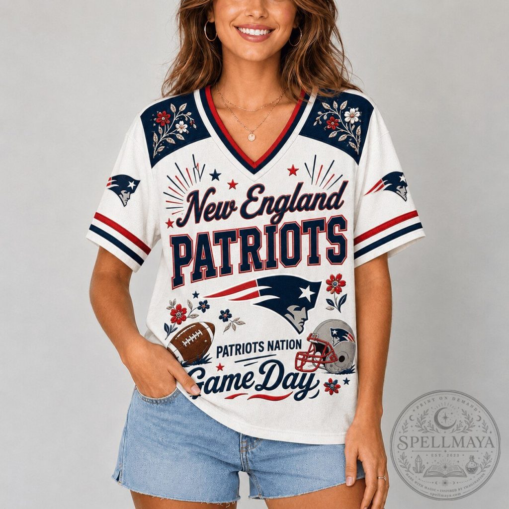 New England Patriots Game Day Flowers V-Neck Football T-Shirt 46 New England Patriots Game Day Flowers V-Neck Football T-Shirt
