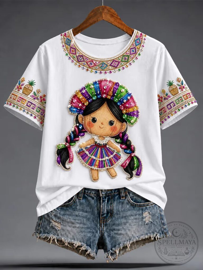Colorful Hummingbird Embroidered Mandala Design Black Womens T-Shirt 10 Mexican Guelaguetza Lele Doll Folk Art Embroidered White T-Shirt