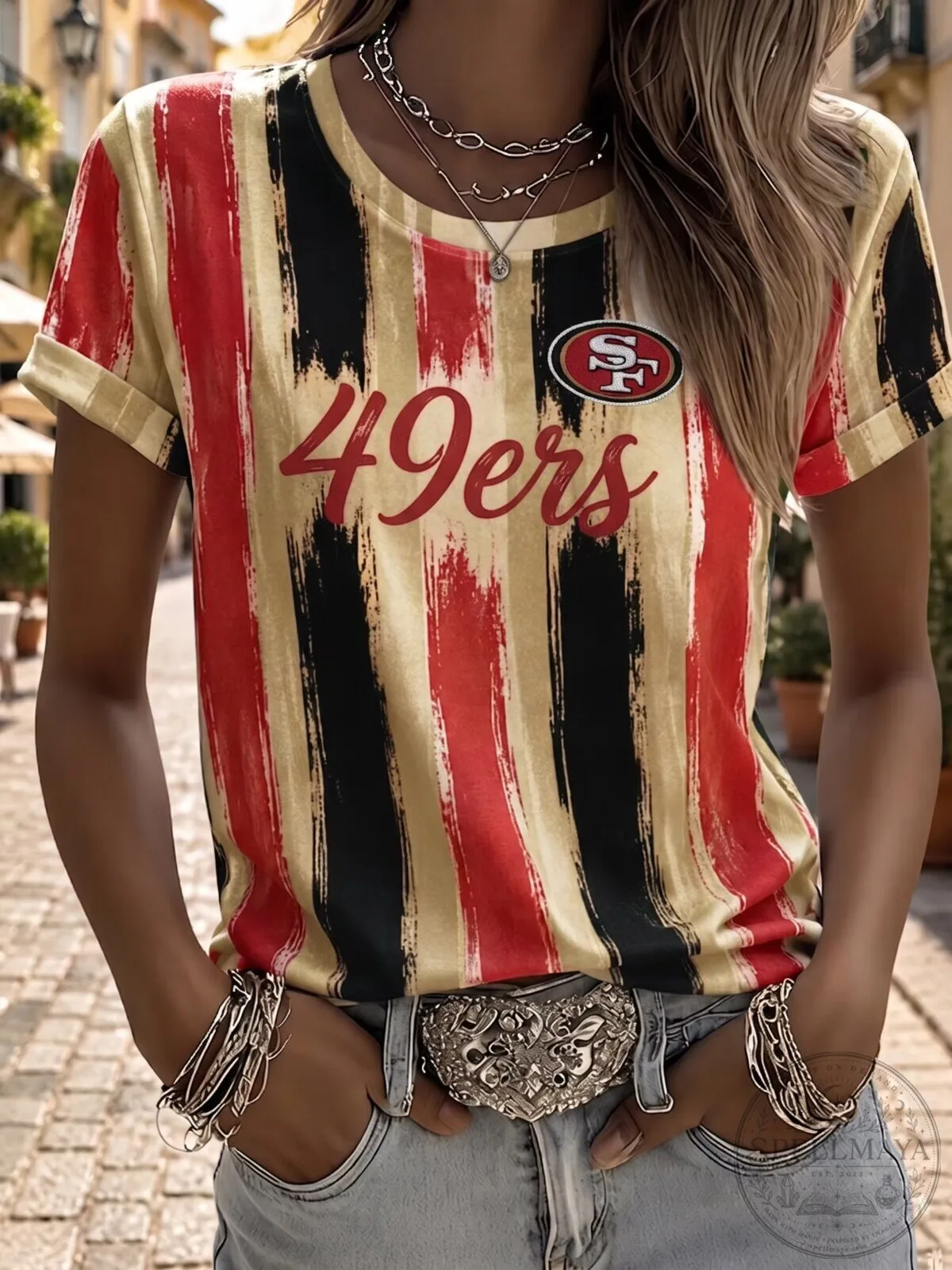 San Francisco Football 49ers Distressed Stripe Women's T-Shirt 2 San Francisco Football 49ers Distressed Stripe Women's T-Shirt