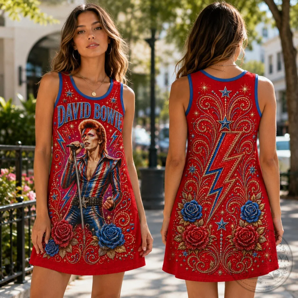 David Bowie Ziggy Stardust Aladdin Sane Red Sleeveless Dress 42 David Bowie Ziggy Stardust Aladdin Sane Red Sleeveless Dress