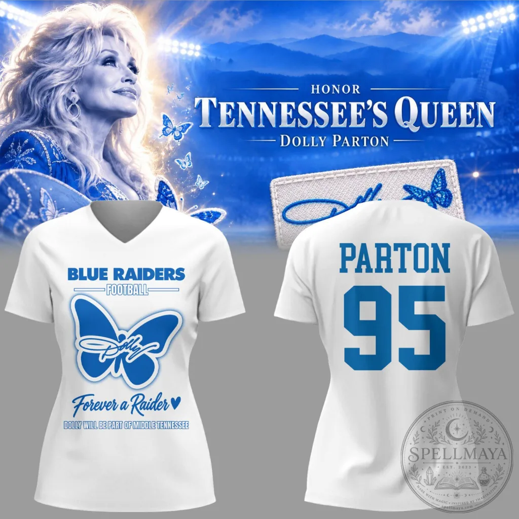 Dolly Parton Blue Raiders Football Forever a Raider White V-Neck T-Shirt Dolly Parton Blue Raiders Football Forever a Raider White V-Neck T-Shirt