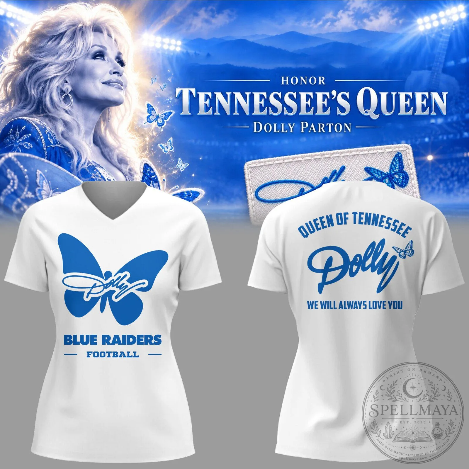 Dolly Parton Queen of Tennessee Blue Raiders Football V-Neck T-Shirt 2 Dolly Parton Queen of Tennessee Blue Raiders Football V-Neck T-Shirt