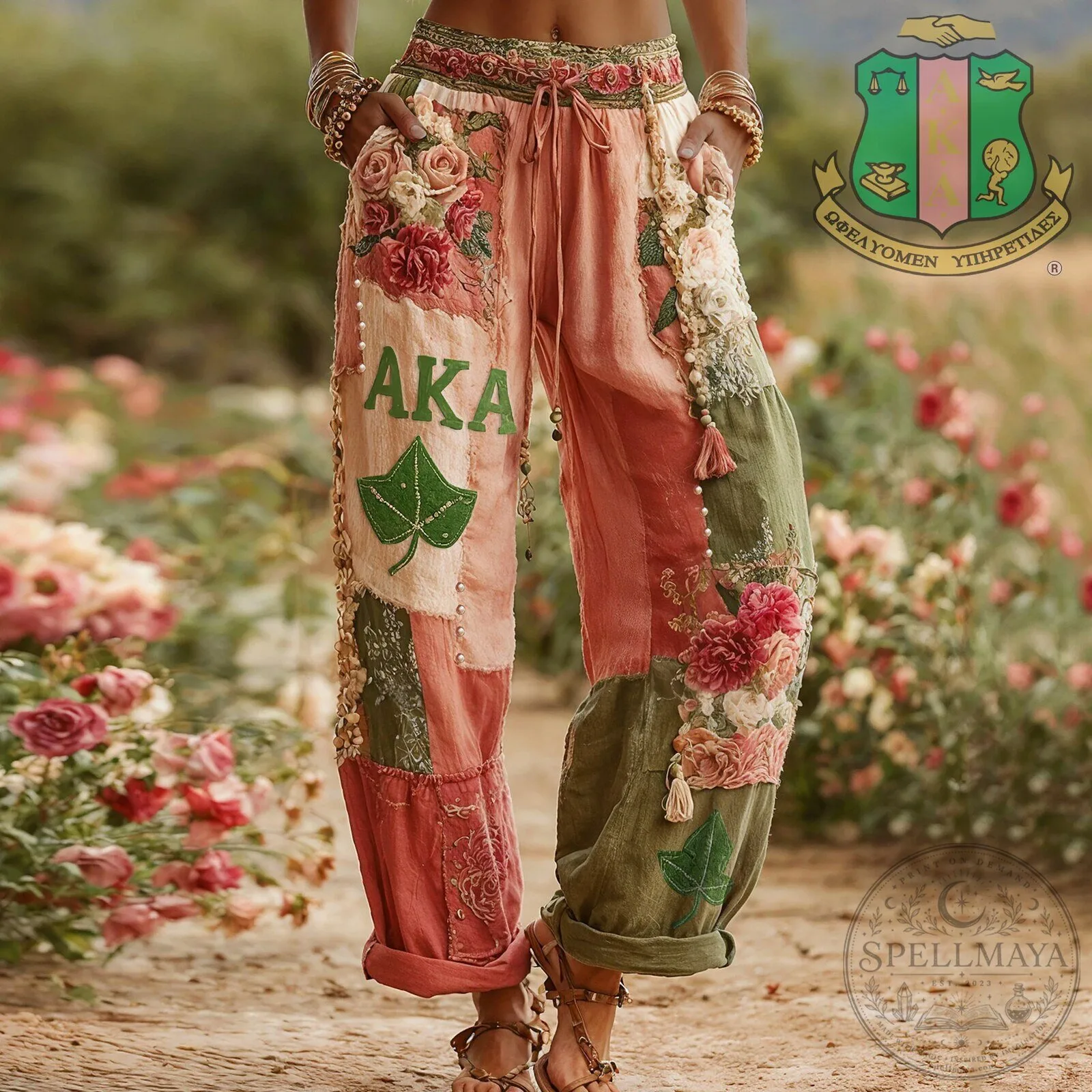 Alpha Kappa Alpha Sorority Embroidered Floral Wide Leg Pants