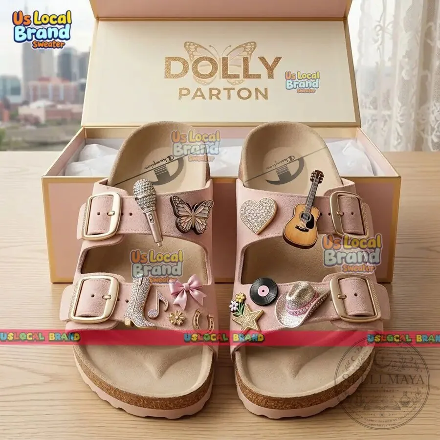 Dolly Parton Pink Country Music Icon Charm Cork Slide Sandals