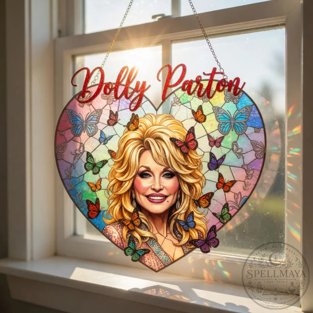 Dolly Parton Butterfly Halo Stained Glass Heart Suncatcher Window Decor Dolly Parton Butterfly Halo Stained Glass Heart Suncatcher Window Decor