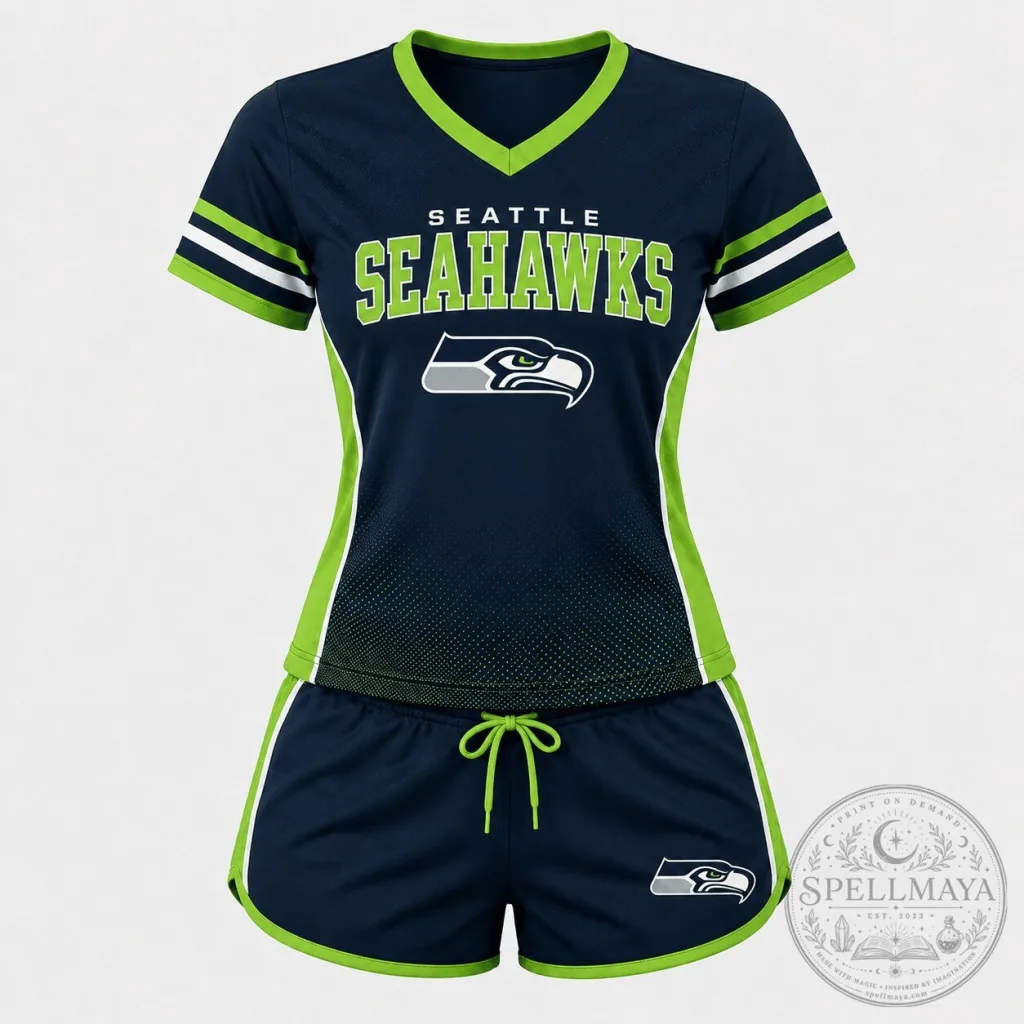 Seattle Seahawks Women's Football Team V-Neck Shirt and Shorts Pajama Set Seattle Seahawks Women's Football Team V-Neck Shirt and Shorts Pajama Set