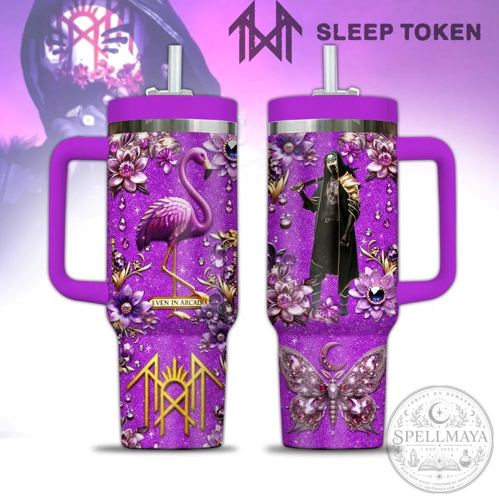 Sleep Token Even In Arcadia Flamingo Butterfly Purple Tumbler with Handle 4 Sleep Token Even In Arcadia Flamingo Butterfly Purple Tumbler with Handle