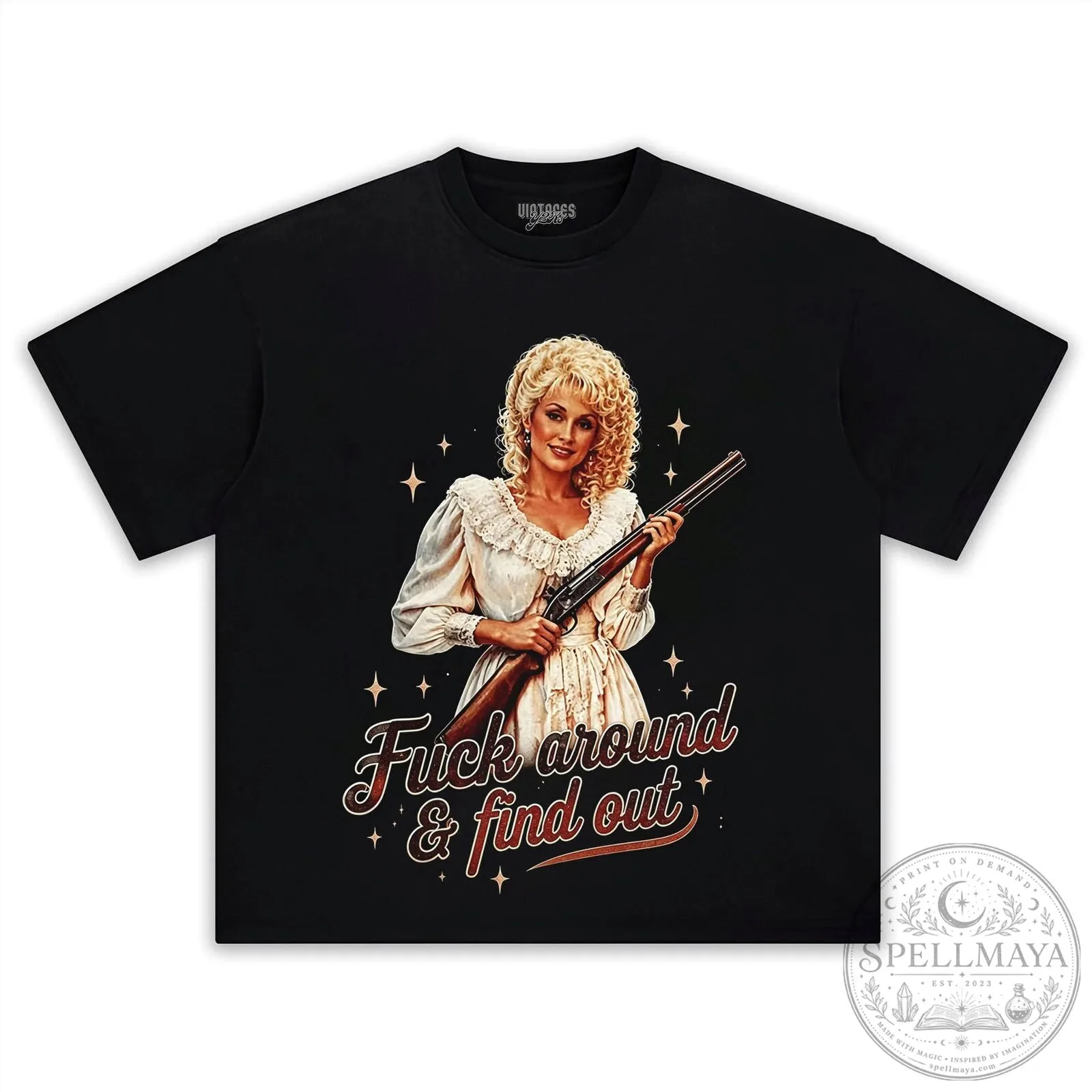 Dolly Parton Country Music Star with Shotgun Graphic Black T-Shirt