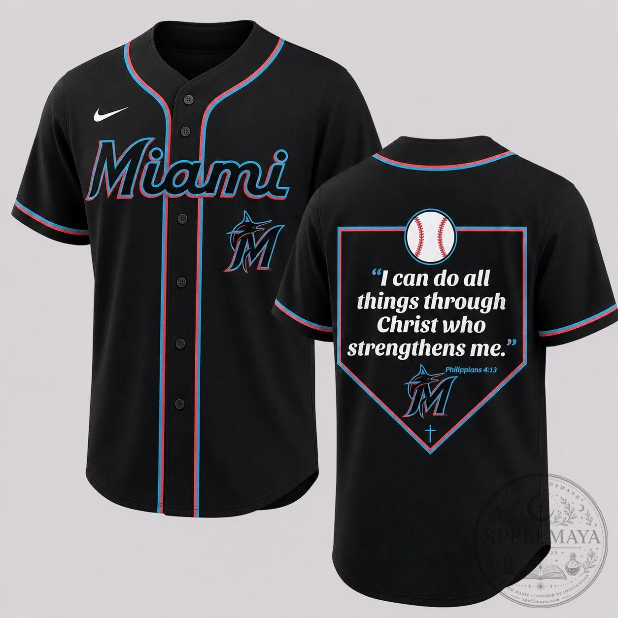 Miami Marlins Baseball Jersey Philippians 4:13 Faith Quote Black Baseball Jersey