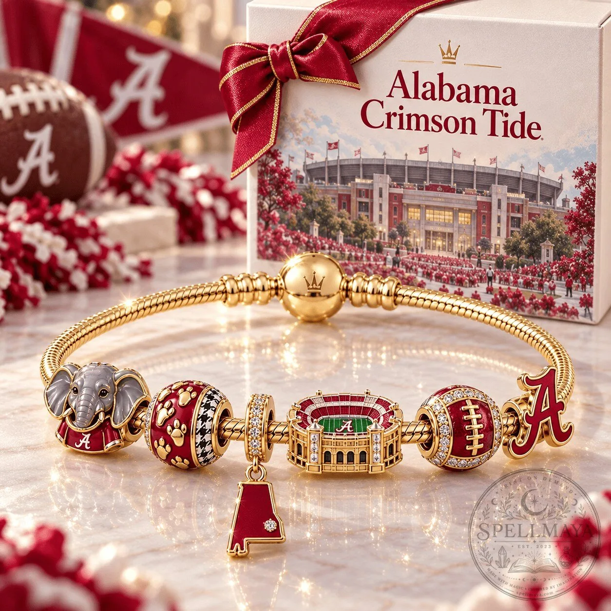Alabama Crimson Tide Gold Charm Bracelet Set with Elephant and Stadium Charms