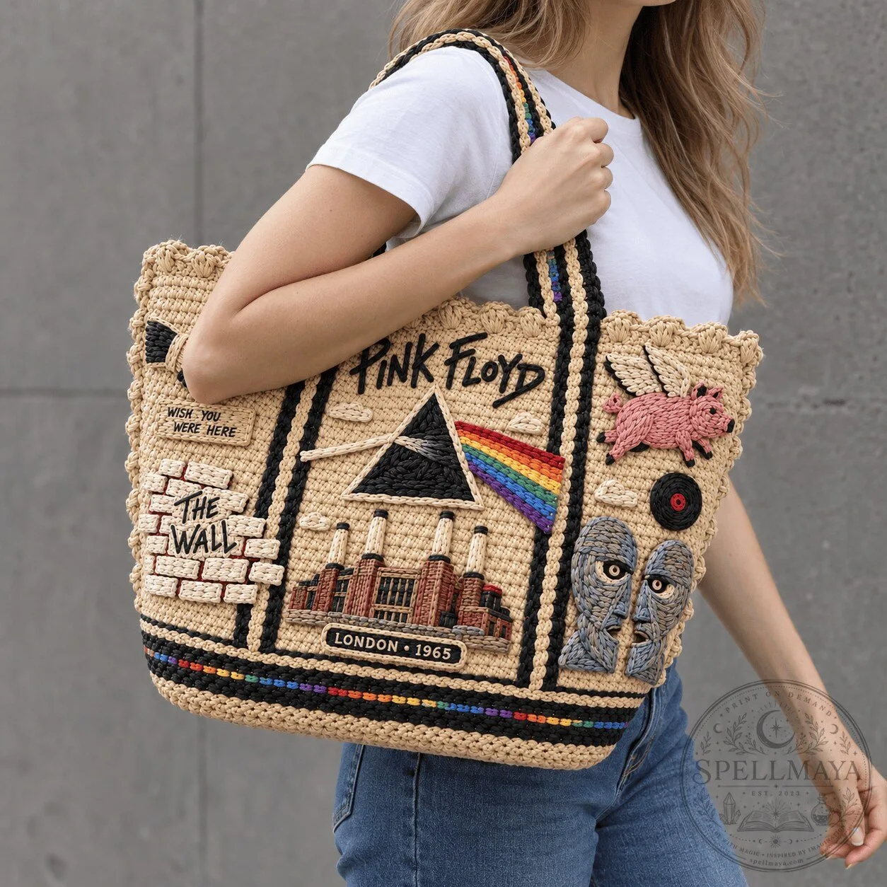 Pink Floyd The Wall Straw Style Embellished Tote Bag