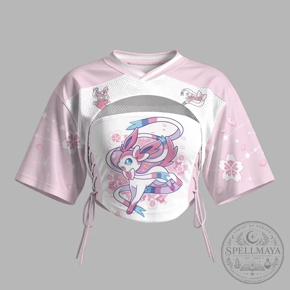 Sylveon Pink Cherry Blossom Pokémon Cropped Mesh Short Sleeve Top