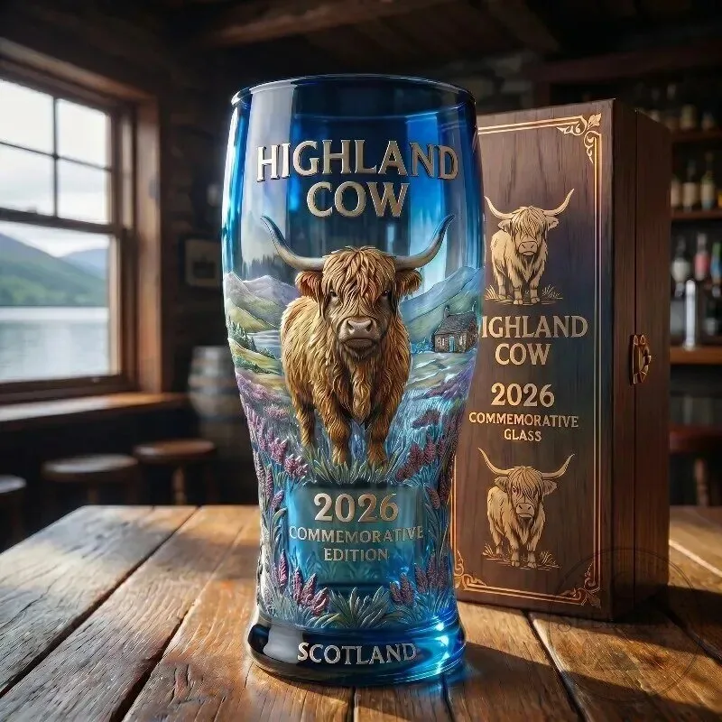 Highland Cow 2026 Commemorative Edition Drinking Glass with Wooden Box