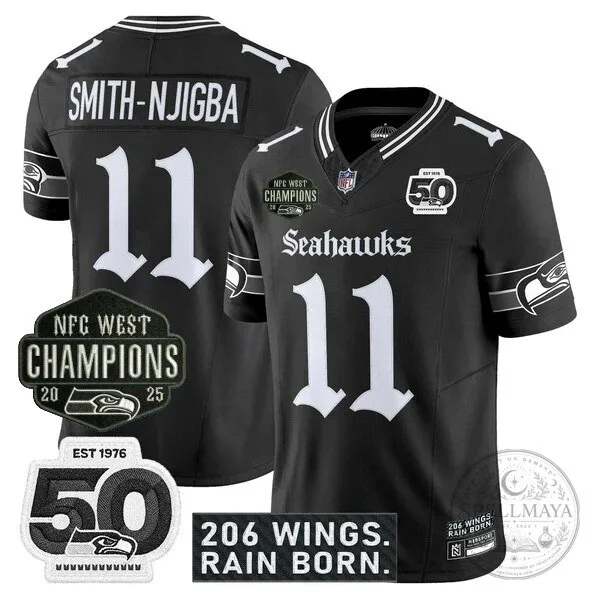 Seattle Seahawks 2025 NFC West Champions Jaxon Smith-Njigba Black Football Jersey 9 Seattle Seahawks 2025 NFC West Champions Jaxon Smith-Njigba Black Football Jersey
