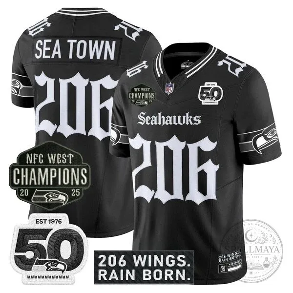 Seattle Seahawks 2025 NFC West Champions Jaxon Smith-Njigba Black Football Jersey 34 Seattle Seahawks 2025 NFC West Champions Jaxon Smith-Njigba Black Football Jersey