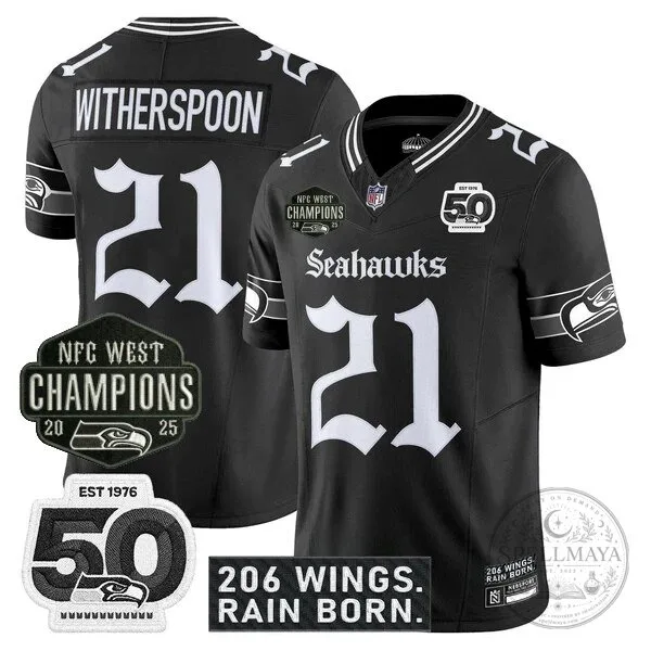 Seattle Seahawks 2025 NFC West Champions Jaxon Smith-Njigba Black Football Jersey 36 Seattle Seahawks 2025 NFC West Champions Jaxon Smith-Njigba Black Football Jersey