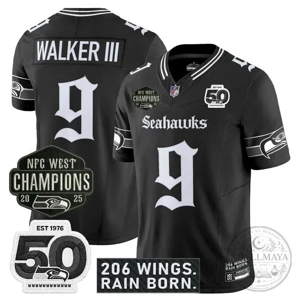 Seattle Seahawks 2025 NFC West Champions Jaxon Smith-Njigba Black Football Jersey 37 Seattle Seahawks 2025 NFC West Champions Jaxon Smith-Njigba Black Football Jersey
