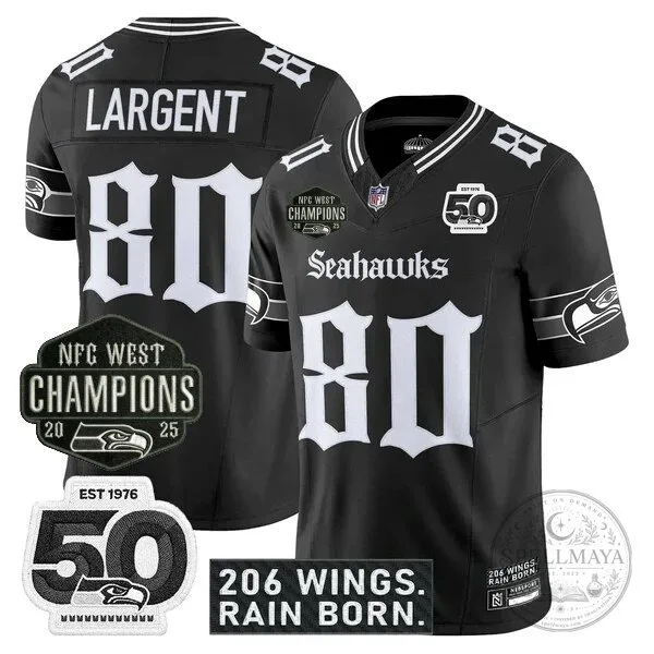 Seattle Seahawks 2025 NFC West Champions Jaxon Smith-Njigba Black Football Jersey 38 Seattle Seahawks 2025 NFC West Champions Jaxon Smith-Njigba Black Football Jersey