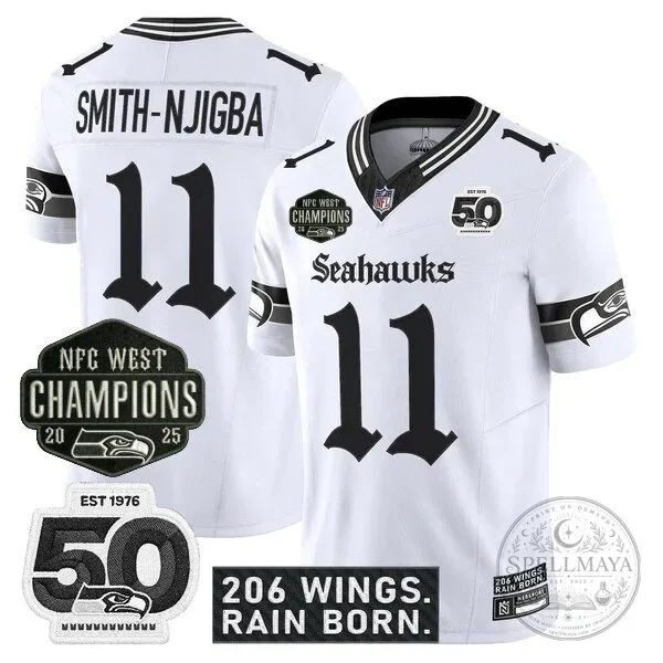 Seattle Seahawks 2025 NFC West Champions Jaxon Smith-Njigba Black Football Jersey 43 Seattle Seahawks 2025 NFC West Champions Jaxon Smith-Njigba Black Football Jersey