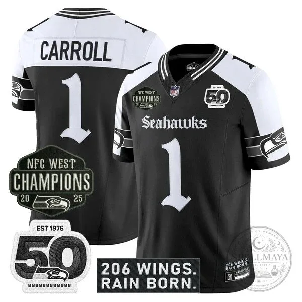 Seattle Seahawks 2025 NFC West Champions Jaxon Smith-Njigba Black Football Jersey 50 Seattle Seahawks 2025 NFC West Champions Jaxon Smith-Njigba Black Football Jersey