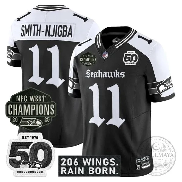Seattle Seahawks 2025 NFC West Champions Jaxon Smith-Njigba Black Football Jersey 51 Seattle Seahawks 2025 NFC West Champions Jaxon Smith-Njigba Black Football Jersey