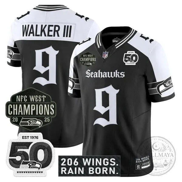 Seattle Seahawks 2025 NFC West Champions Jaxon Smith-Njigba Black Football Jersey 53 Seattle Seahawks 2025 NFC West Champions Jaxon Smith-Njigba Black Football Jersey