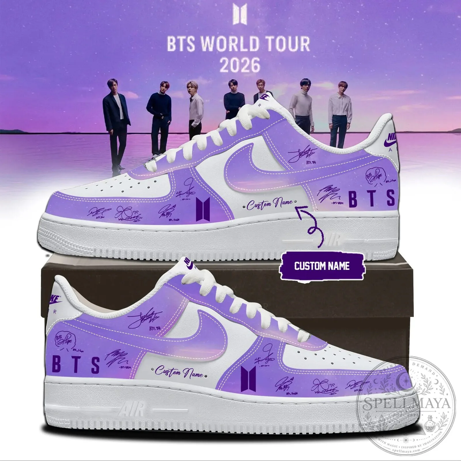 Custom Name Purple and White Sneakers for BTS World Tour 2026
