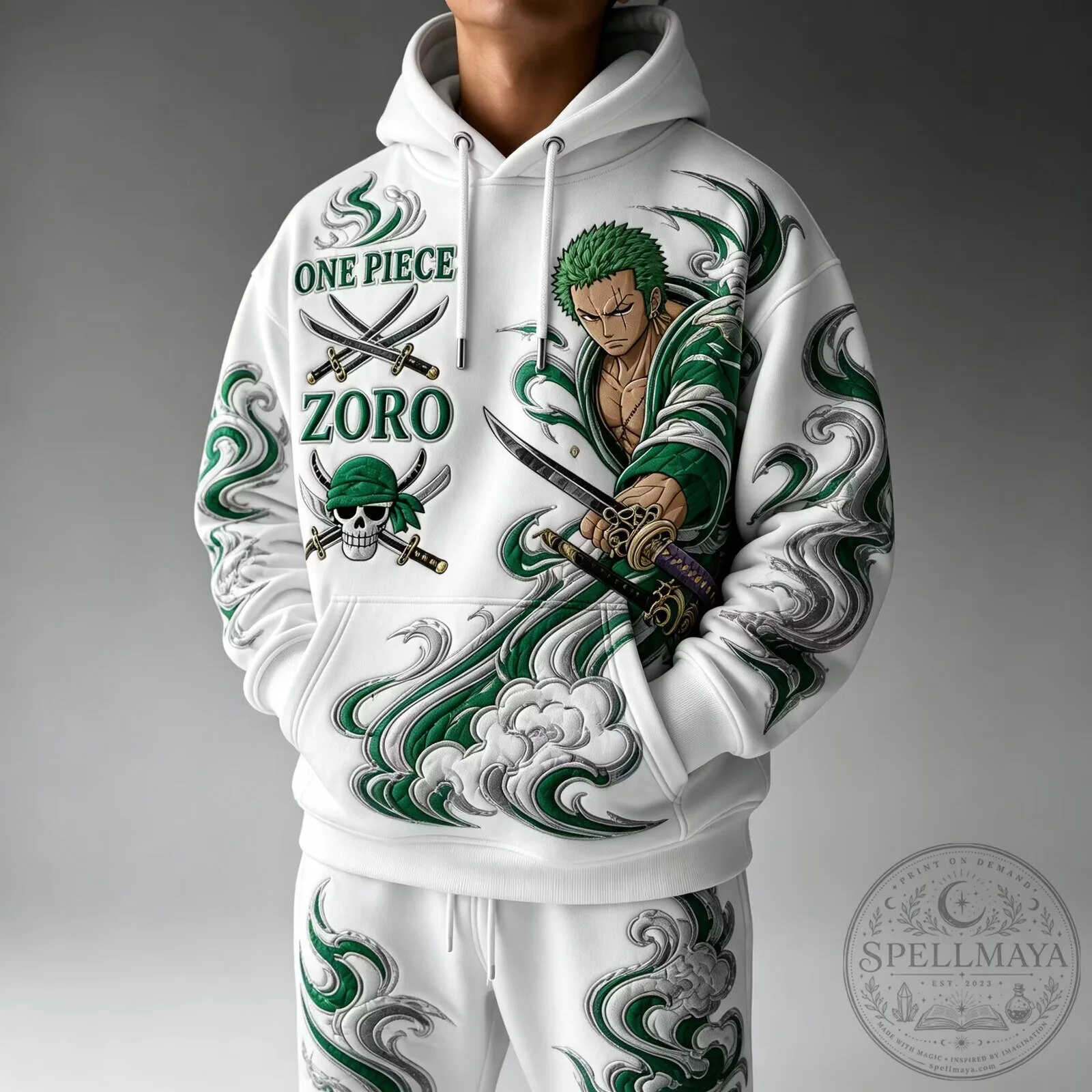 One Piece Roronoa Zoro Anime Character White Graphic Hoodie