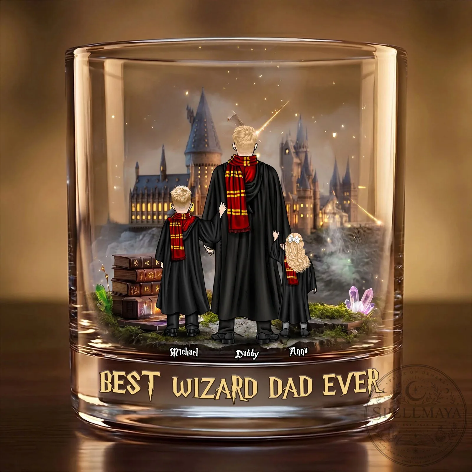 Wizard Dad And Kids Hogwarts Castle Personalized Whiskey Glass