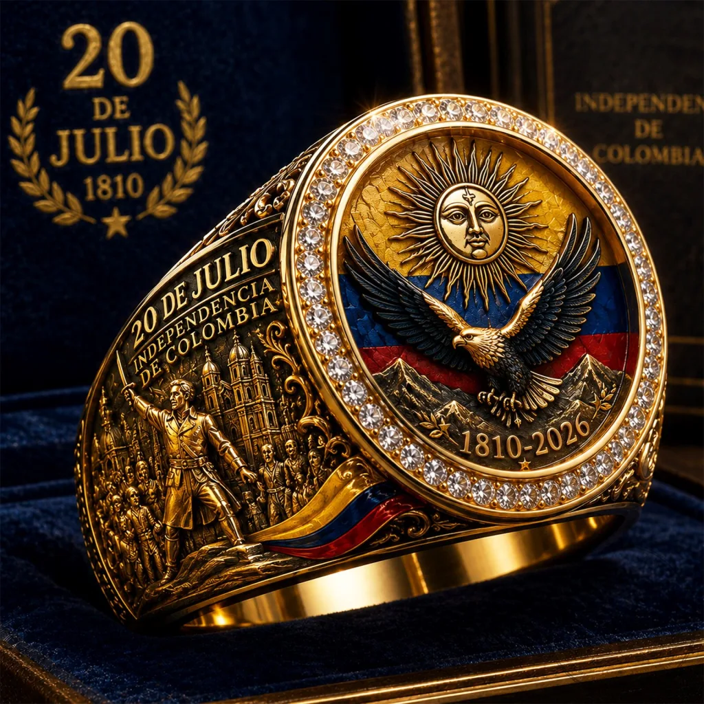 Colombia Independence Day Gold Ring with Eagle and Sun Design Colombia Independence Day Gold Ring with Eagle and Sun Design