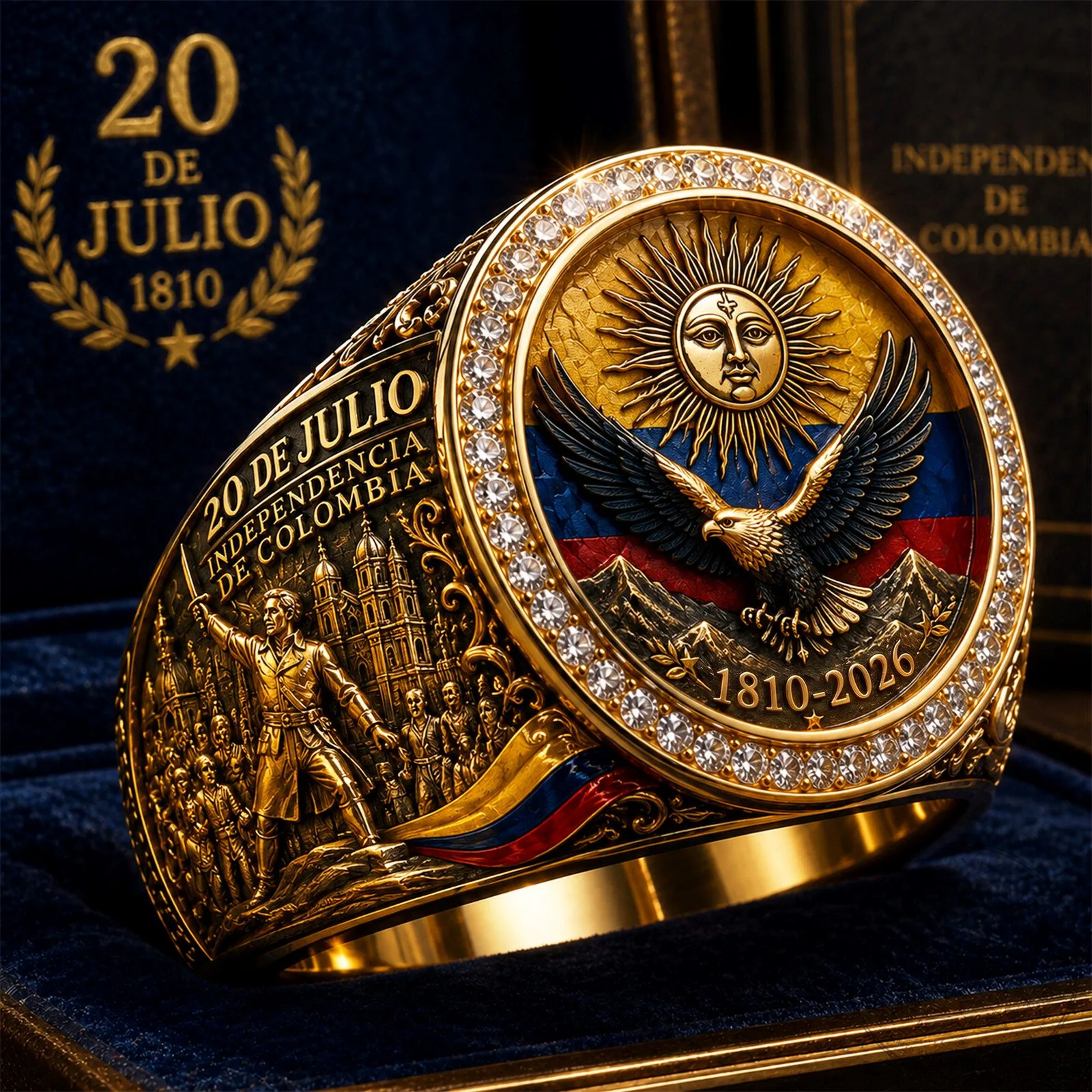 Colombia Independence Day Gold Ring with Eagle and Sun Design