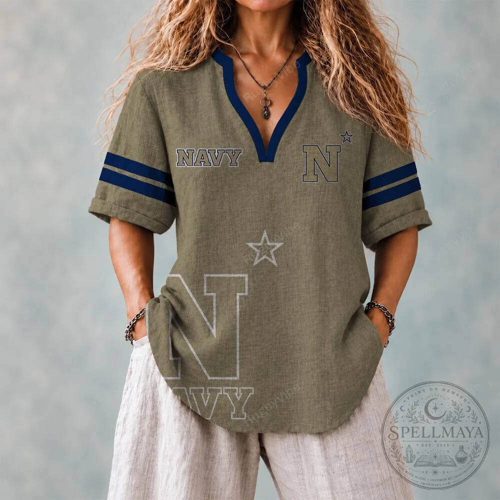 V-Neck Short Sleeve T-Shirt with Navy Midshipmen Football Team Logo 4 V-Neck Short Sleeve T-Shirt with Navy Midshipmen Football Team Logo