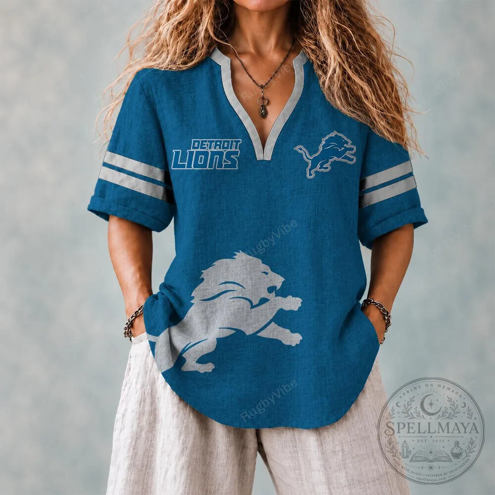 Detroit Lions NFL Football Team Blue V-Neck Short Sleeve T-Shirt