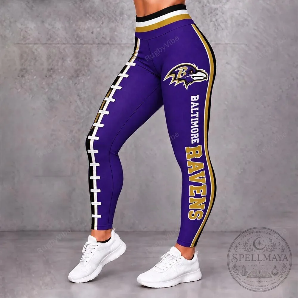 Baltimore Ravens Football Team Logo Purple and Gold Striped Womens Leggings