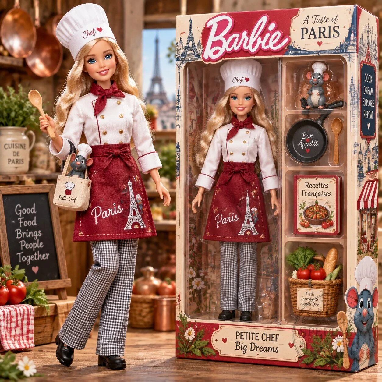 Barbie Petite Chef Paris Doll with Cooking Accessories and Ratatouille Figure