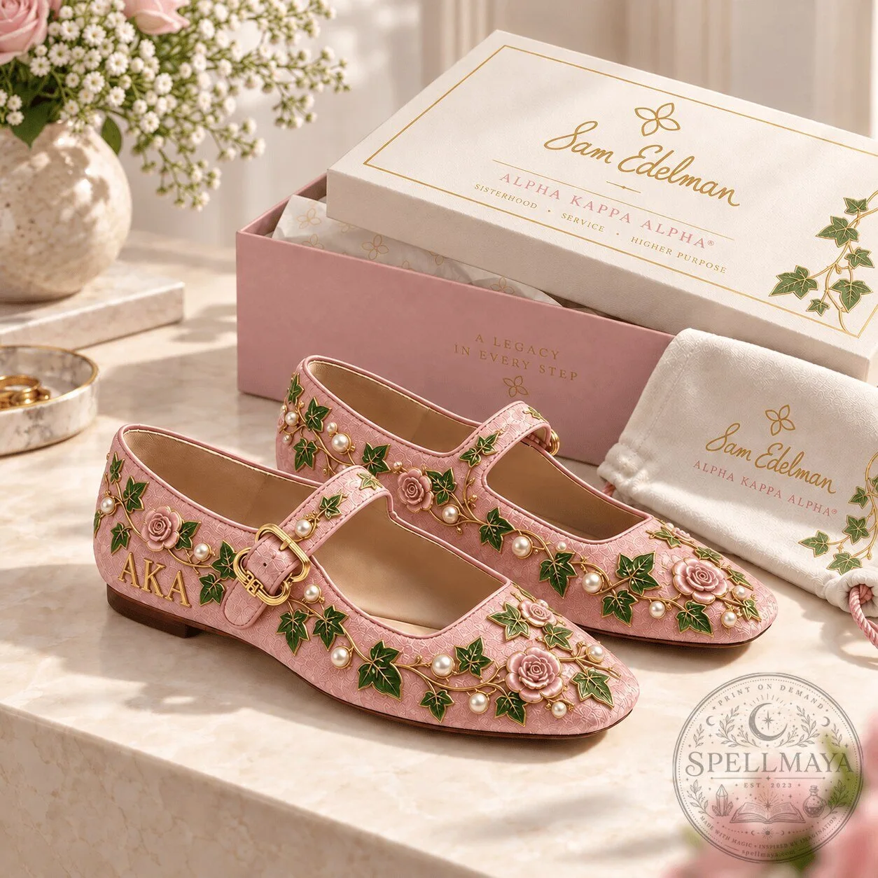Alpha Kappa Alpha Sorority Pink Embroidered Mary Jane Flats
