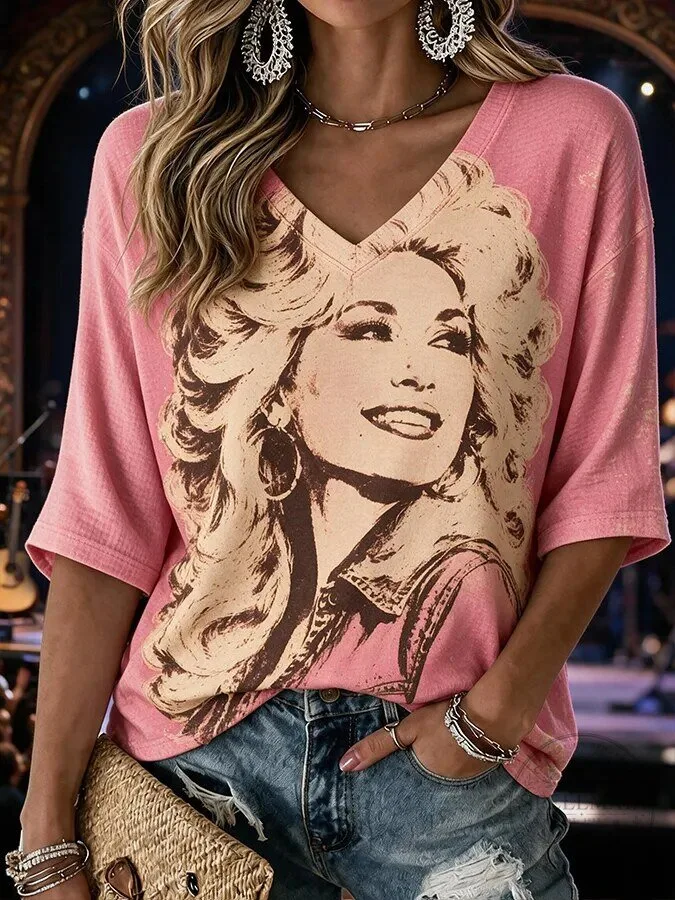 Dolly Parton Country Music Legend Portrait Pink Women's V-Neck T-Shirt