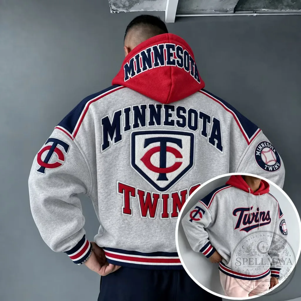 Minnesota Twins Baseball Team Logo Red and Gray Varsity Style Hoodie Minnesota Twins Baseball Team Logo Red and Gray Varsity Style Hoodie