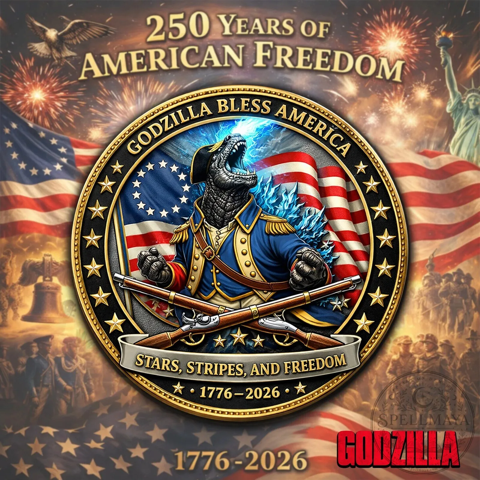 Godzilla Bless America Stars Stripes And Freedom Commemorative Coin
