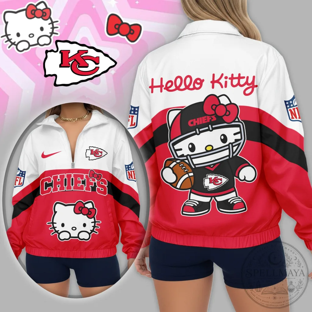 Kansas City Chiefs Hello Kitty Football Quarter Zip Windbreaker Jacket Kansas City Chiefs Hello Kitty Football Quarter Zip Windbreaker Jacket