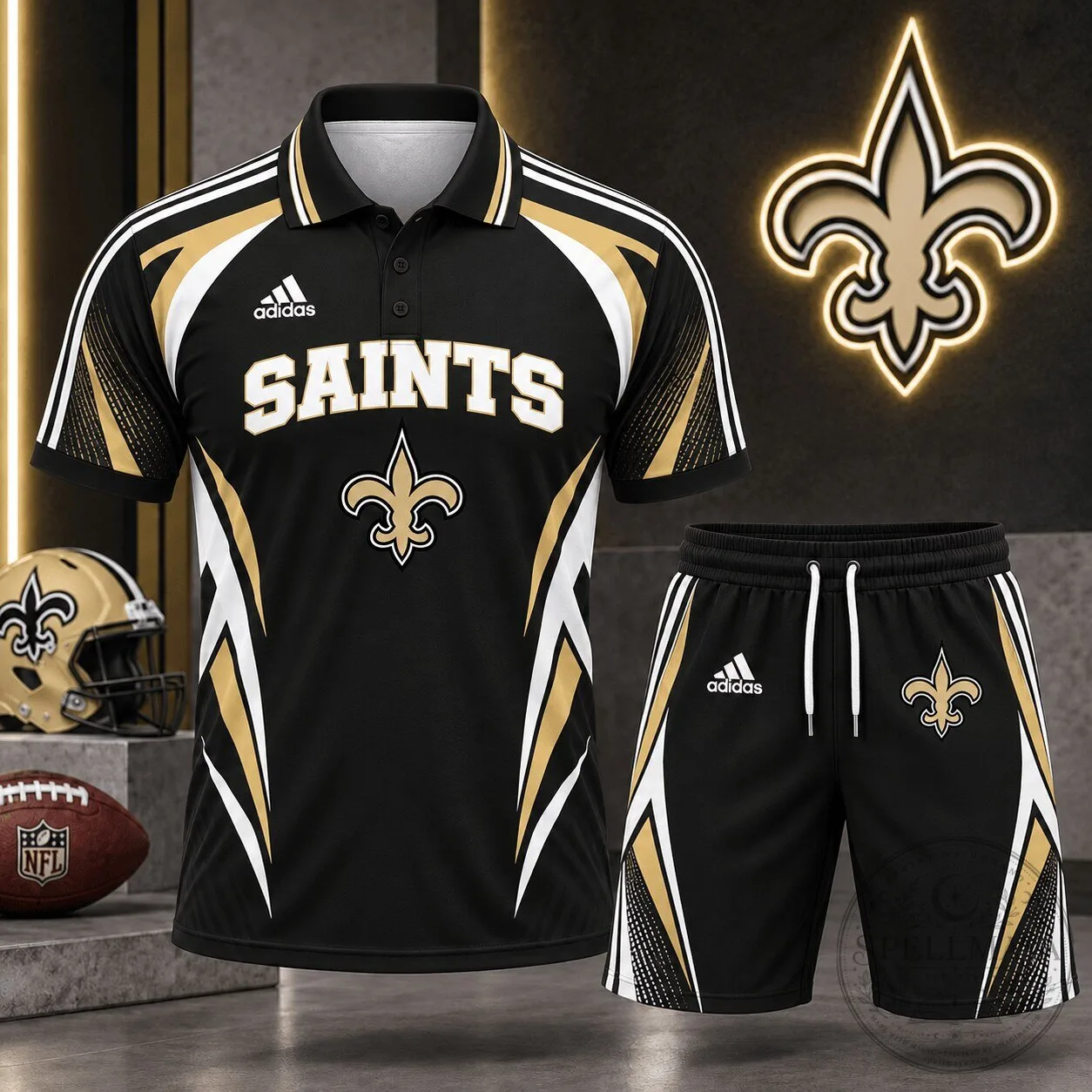 New Orleans Saints NFL Football Club Black Gold Polo Shirt and Shorts Set 2 New Orleans Saints NFL Football Club Black Gold Polo Shirt and Shorts Set