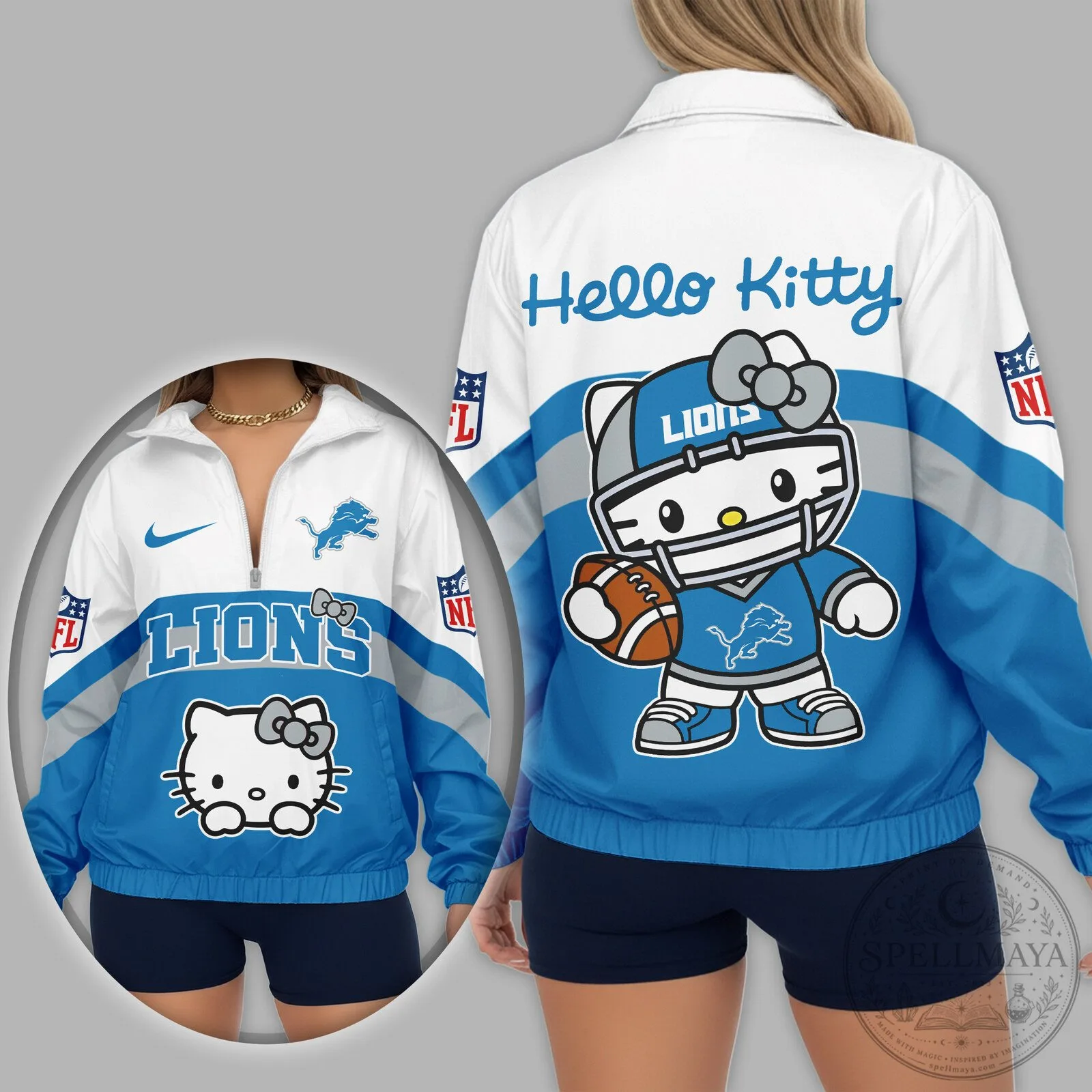 Detroit Lions Hello Kitty Football Quarter Zip Windbreaker Jacket 2 Detroit Lions Hello Kitty Football Quarter Zip Windbreaker Jacket