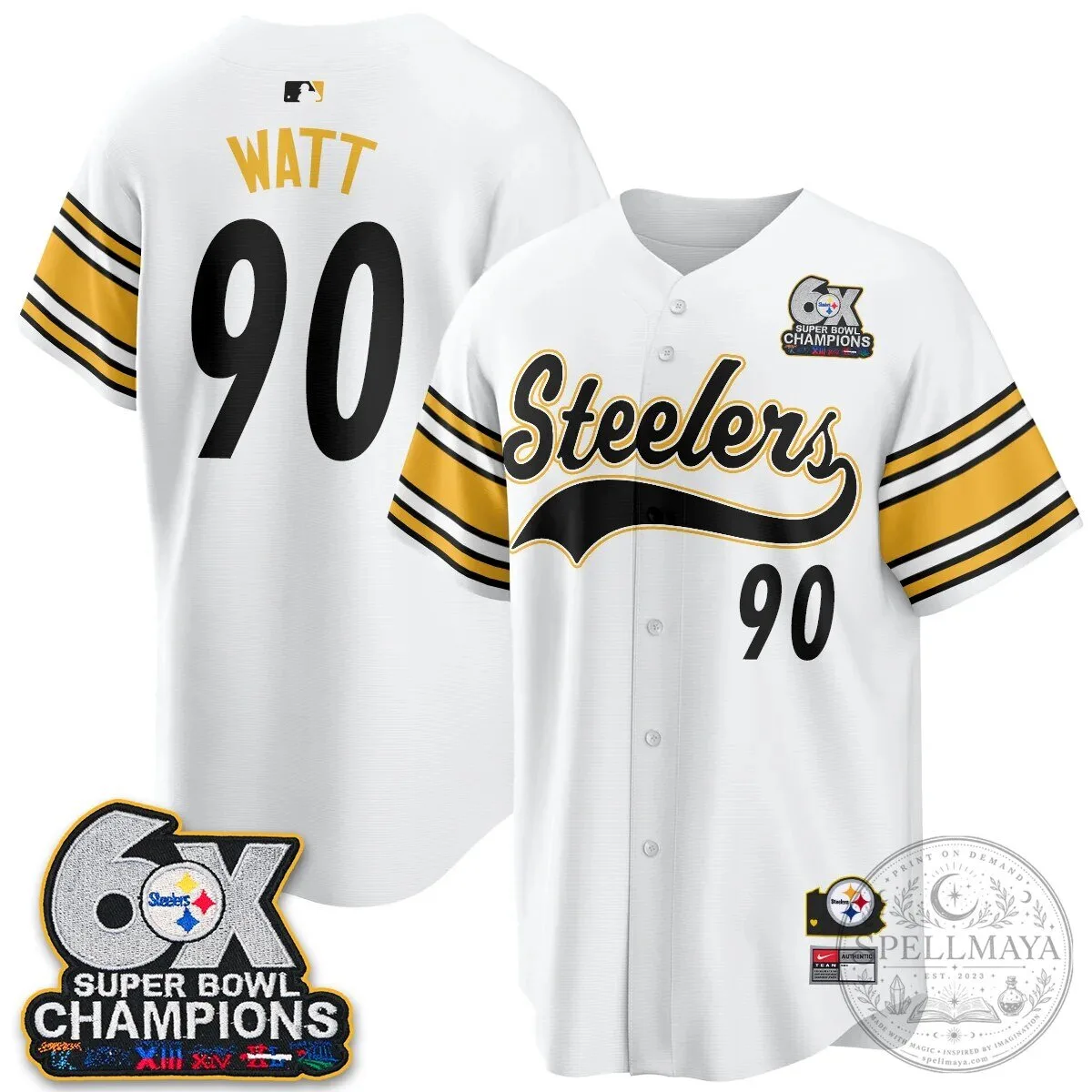 Pittsburgh Steelers TJ Watt 6X Super Bowl Champions Throwback Baseball Jersey 76 Pittsburgh Steelers TJ Watt 6X Super Bowl Champions Throwback Baseball Jersey