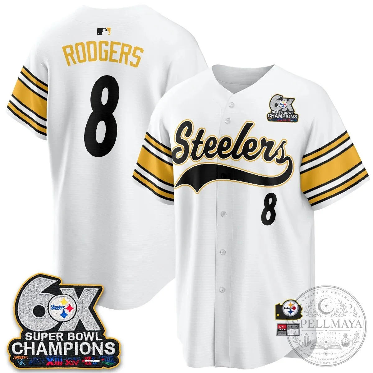 Pittsburgh Steelers TJ Watt 6X Super Bowl Champions Throwback Baseball Jersey 77 Pittsburgh Steelers TJ Watt 6X Super Bowl Champions Throwback Baseball Jersey