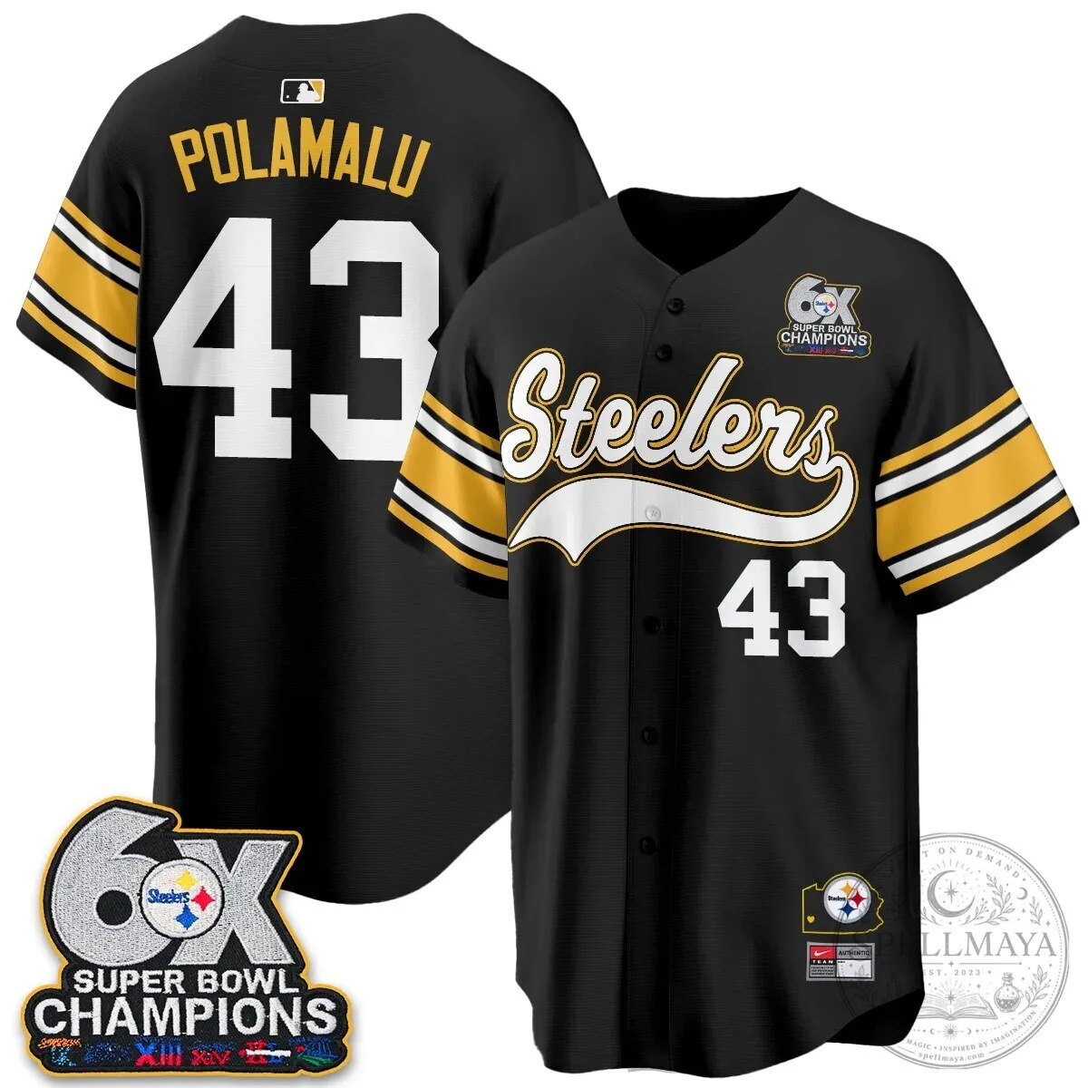 Pittsburgh Steelers TJ Watt 6X Super Bowl Champions Throwback Baseball Jersey 97 Pittsburgh Steelers TJ Watt 6X Super Bowl Champions Throwback Baseball Jersey