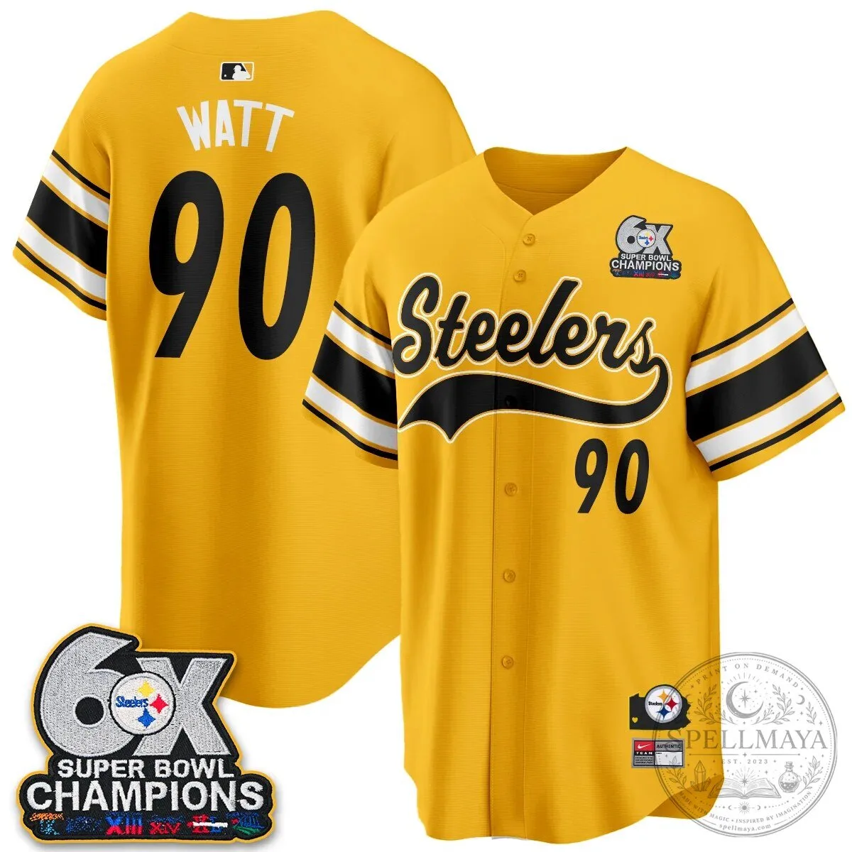 Pittsburgh Steelers TJ Watt 6X Super Bowl Champions Throwback Baseball Jersey 100 Pittsburgh Steelers TJ Watt 6X Super Bowl Champions Throwback Baseball Jersey
