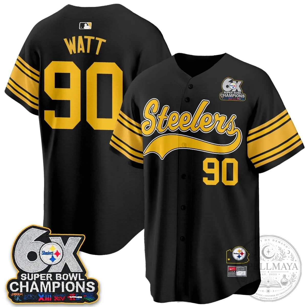 Pittsburgh Steelers TJ Watt 6X Super Bowl Champions Throwback Baseball Jersey 112 Pittsburgh Steelers TJ Watt 6X Super Bowl Champions Throwback Baseball Jersey