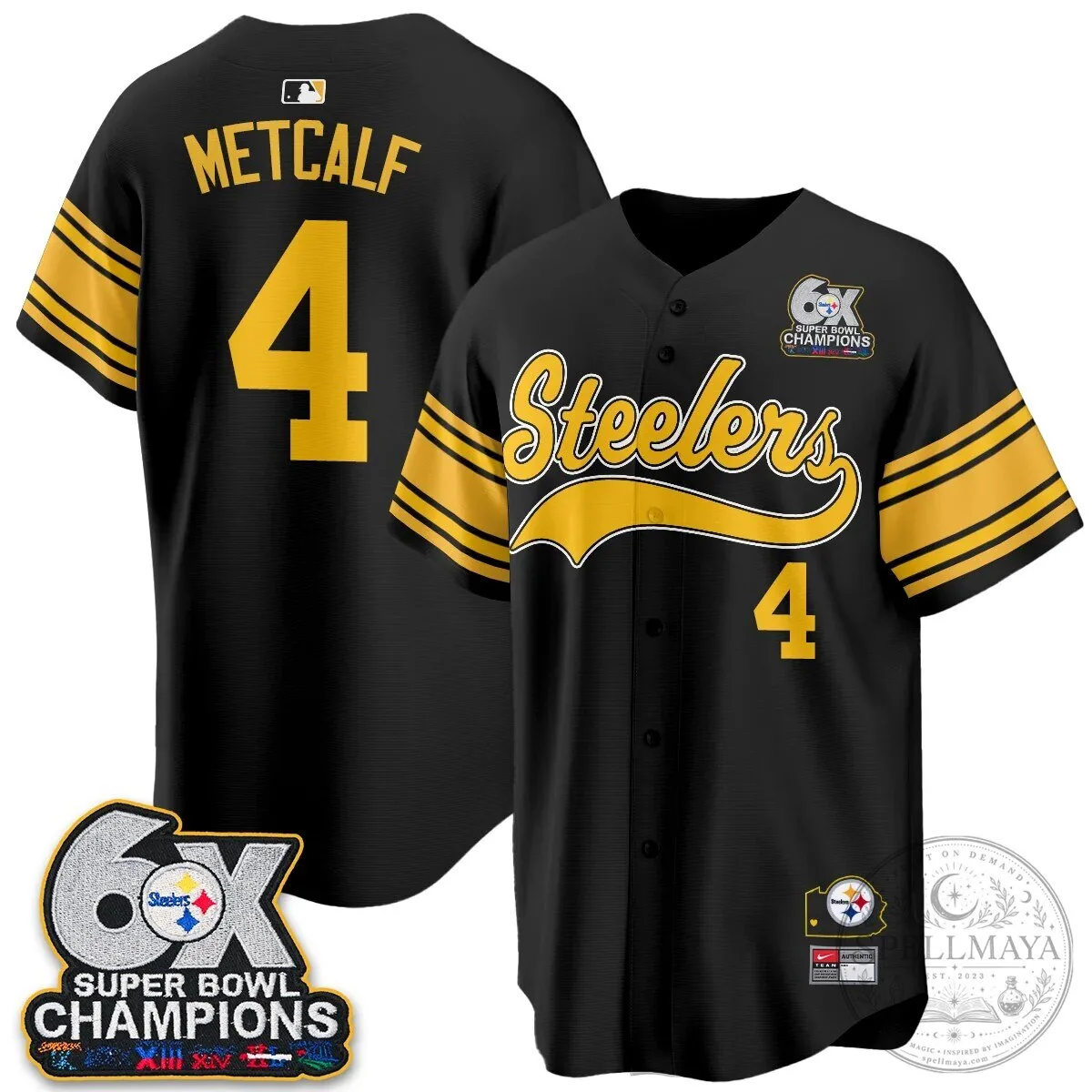 Pittsburgh Steelers TJ Watt 6X Super Bowl Champions Throwback Baseball Jersey 114 Pittsburgh Steelers TJ Watt 6X Super Bowl Champions Throwback Baseball Jersey