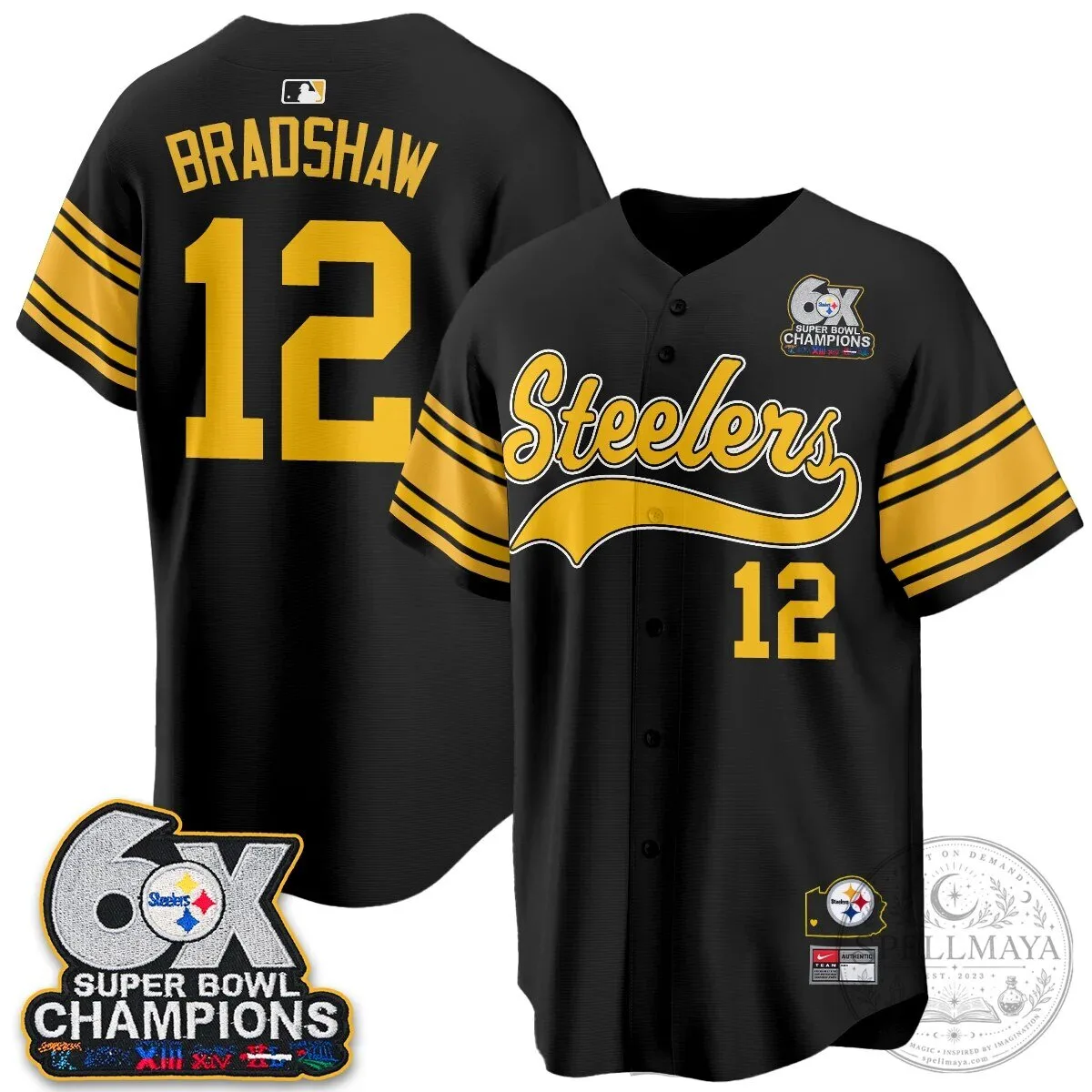 Pittsburgh Steelers TJ Watt 6X Super Bowl Champions Throwback Baseball Jersey 116 Pittsburgh Steelers TJ Watt 6X Super Bowl Champions Throwback Baseball Jersey