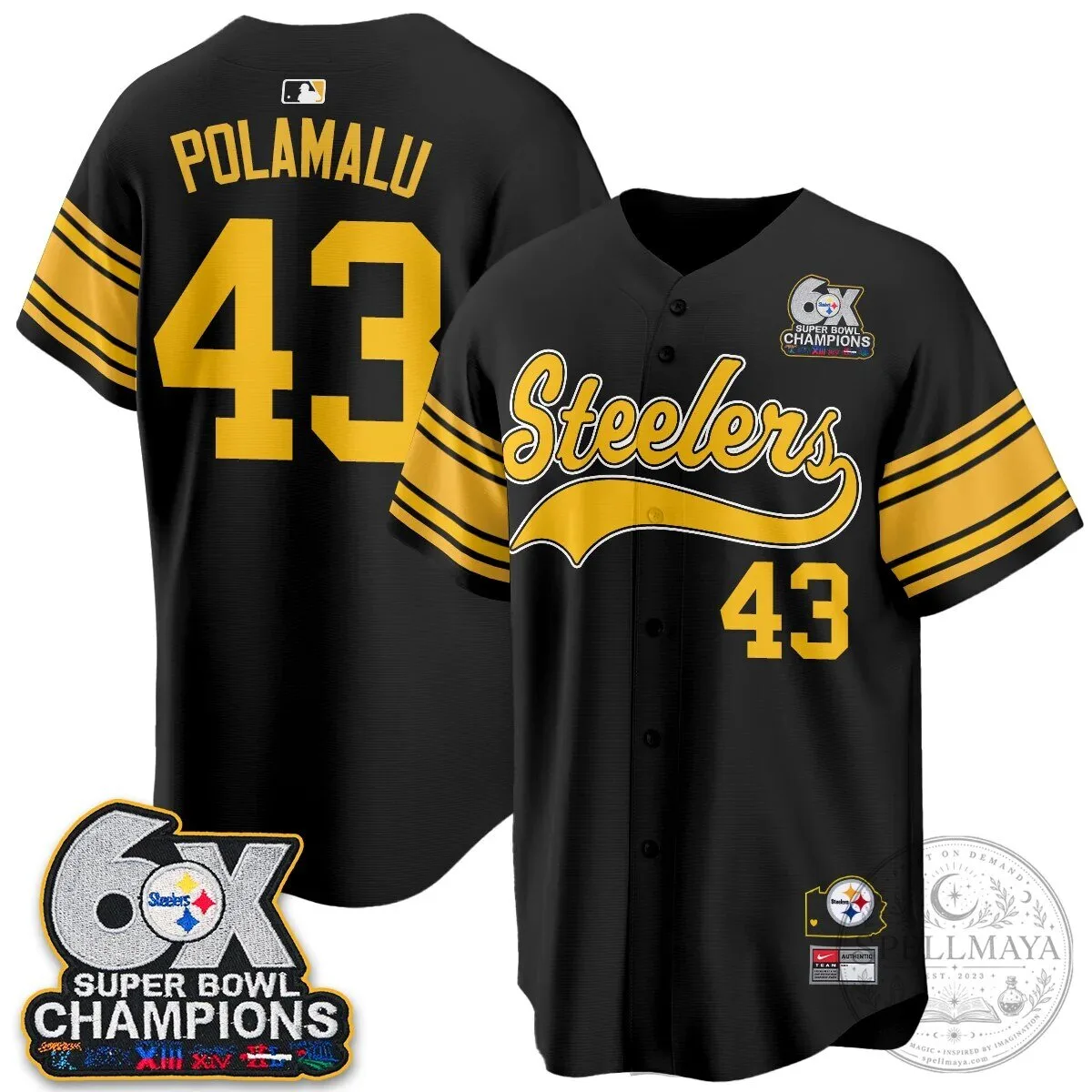 Pittsburgh Steelers TJ Watt 6X Super Bowl Champions Throwback Baseball Jersey 121 Pittsburgh Steelers TJ Watt 6X Super Bowl Champions Throwback Baseball Jersey